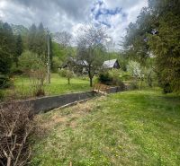 A cottage in Svinica surrounded by greenery and trees, with a cloudy sky.