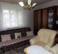 Living room in a family house with a sofa, an armchair, and furniture with a wooden decor.