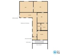 Floor plan of a family house in Gbelce with four rooms, a kitchen, a bathroom, and a veranda.
