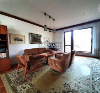 Living room in a family house with carpets, a sofa, and wooden decor.