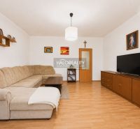 Living room with a corner sofa and a wooden decor floor in a family house.