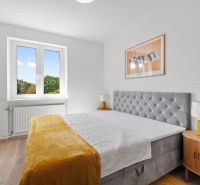 A bright bedroom with wood-patterned flooring, a double bed, and a large window in a 3-room apartment.