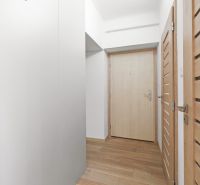 The hallway in a 3-room apartment with a wooden decor floor and doors.
