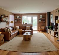 Living room in a family house with a wooden decor floor, a brown sofa, and plants.