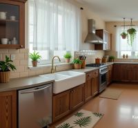 A kitchen in a family house with rustic wooden cabinets and lots of greenery.