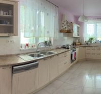 A spacious kitchen in a family house with wooden cabinets and many windows.