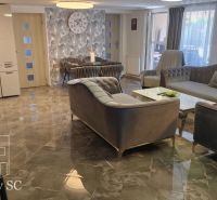Living room in a family house with a marble floor, comfortable sofa, and decorations.
