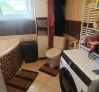 Bathroom in a family house with a bathtub, washing machine, and storage space.