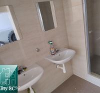 A bathroom with two sinks, mirrors, and a shower in the production facilities.