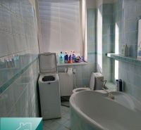 Bathroom with a bathtub, washing machine, and cleaning products in indoor storage and halls.