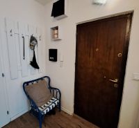 The space in the three-room apartment has a floor with a wooden decor and a hanging coat rack.