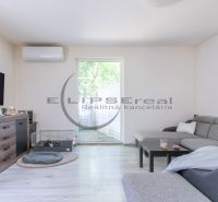 Living room in a family house with a gray sofa and a wooden decor floor.