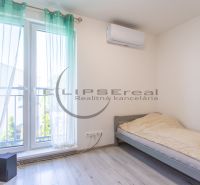 A room with a bed, air conditioning, and a wooden decor floor in a family house.