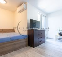 A bedroom in a family house with a bed, TV, and plants on a light floor with a wooden decor.