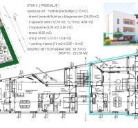 The floor plan of a 3-room apartment shows the arrangement of rooms, terrace, and parking space.