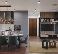 Luxurious dining area in a 3-room apartment with a wooden decor floor and stylish lighting.