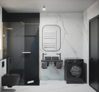 A bathroom with black elements, a double sink, a shower, and a washing machine.