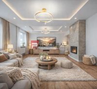 Living room in a family house with a fireplace, sofa, and wooden decor flooring.