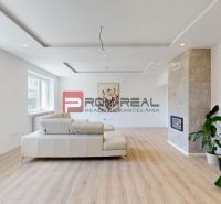 Living room in a family house with a wooden decor floor, fireplace, and large windows.
