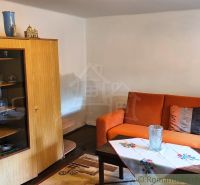 Living room with an orange sofa and a display cabinet, wooden decor on the floor.