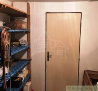 Shelves and doors in the basement area of the cabin with stored items.