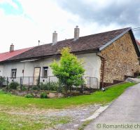 A cottage in Hermanovce with a stone wall and a garden by an asphalt road.