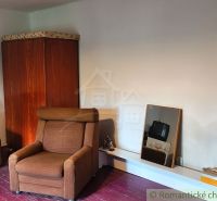 In the interior of the cottage, there is a brown armchair, a wardrobe, and a mirror.