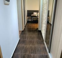A hallway in a 3-room apartment with glossy tiles and a mirrored wardrobe.
