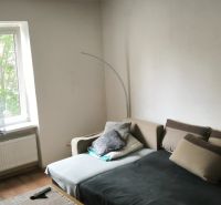 Living room in a 3-room apartment with a sofa, window, and wooden decor flooring.