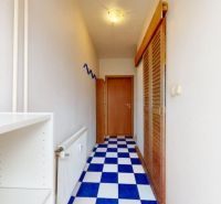 A narrow hallway with a blue and white checkered floor and a wardrobe in a studio apartment.