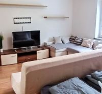A one-room apartment with a sofa, television, large window, and wooden decor flooring.