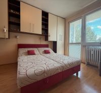 A room in a 3-room apartment with a bed, built-in wardrobes, and a floor with a wood decor.