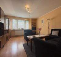 Living room in a 3-room apartment with a wooden decor floor and a comfortable sofa set.