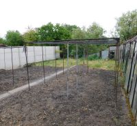 A garden at a family house in Dvory nad Žitavou, with empty supports for plants.