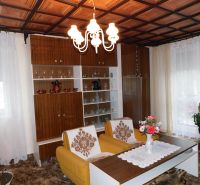 Living room of a family house with retro furniture and flowers on a wood-decor floor.