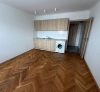 Studio apartment with a kitchenette, washing machine, and wooden decor flooring.