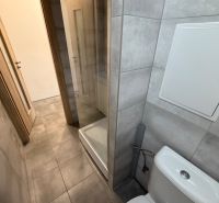 A studio apartment bathroom with a toilet and a shower, tiled with tiles.