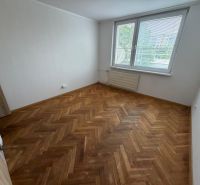 A studio apartment with a wooden decor floor and a large window.