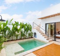 Villa in Bali with a pool surrounded by greenery, wooden terrace decor, outdoor shower.