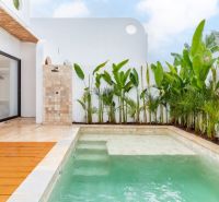 Villa in Bali with a pool, tropical plants, and wooden decor flooring.