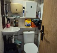 A small bathroom in commercial premises with a toilet, sink, and shelves.