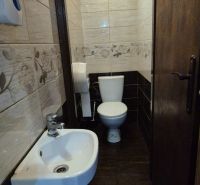 Bathroom in commercial premises with a toilet, sink, and tiles with a floral pattern.