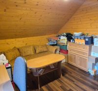 Attic interior with a sofa, table, and wooden decor flooring in commercial premises.