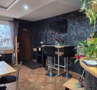 Interior of commercial premises with a bar, tables, and decorative plants.