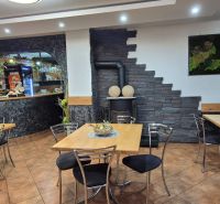 Interior of commercial spaces with wooden decor, tables, and an elegant decorative element on the wall.