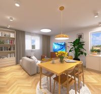 Living room in a three-room apartment with a wooden decor floor, a bookshelf, and a dining table.