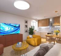 Interior design of a 3-room apartment with light furniture and flooring with a wood decor.