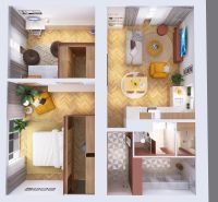 3-room apartment with wood-patterned flooring, showing furniture and room layout.