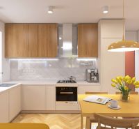 A kitchen in a 3-room apartment with wooden decor and yellow accessories.