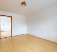 An empty room in a 3-room apartment with a wooden decor floor and wooden doors.